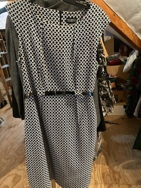 Soho Black & White Geometric Midi Sheath Dress with Belt